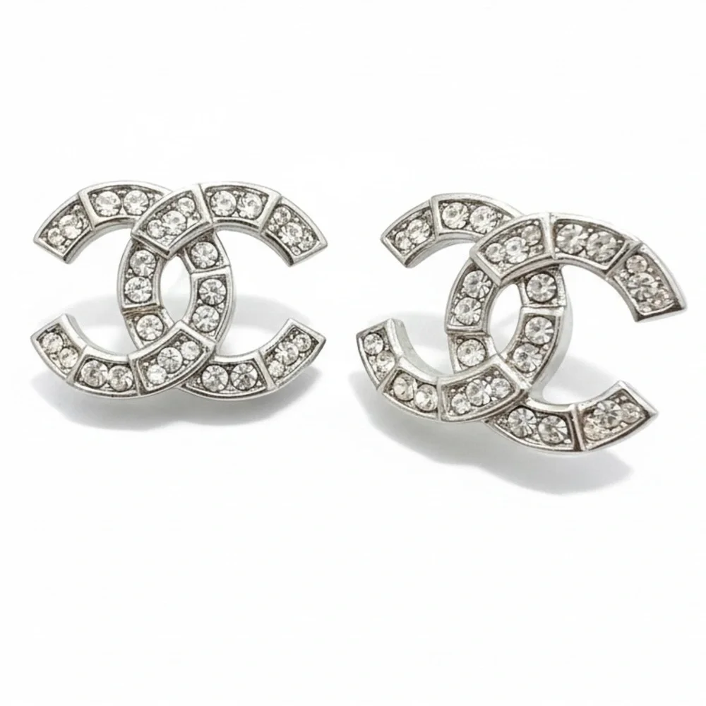 CHANEL Silver and Crystal Logo Pierced Earrings - Picture 5 of 7